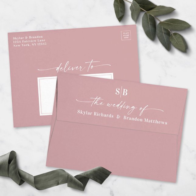 Monogram Dusty Mauve A7 5x7 Wedding Invitation Envelope (Creator Uploaded)