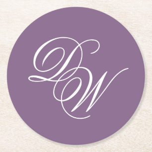 Monogram Dusty Purple Wedding Simple Calligraphy Round Paper Coaster