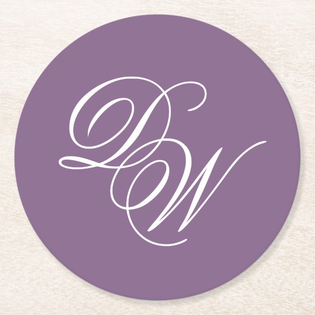 Monogram Dusty Purple Wedding Simple Calligraphy Round Paper Coaster (Front)