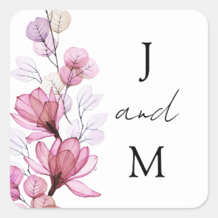 Monogram Dusty Rose Floral Wedding Favour Square Sticker