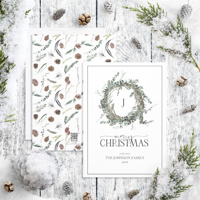 Monogram Dusty Winter Wreath Merry Christmas Holid Holiday Card (Creator Uploaded)