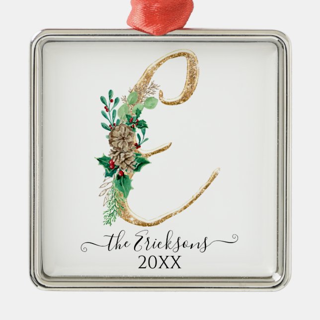 Monogram E Family Holly Christmas Gold Glitter Metal Tree Decoration (Front)