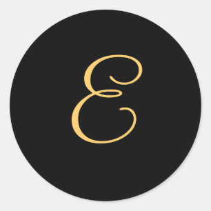Monogram E,  gold coloured initial E on black, Classic Round Sticker
