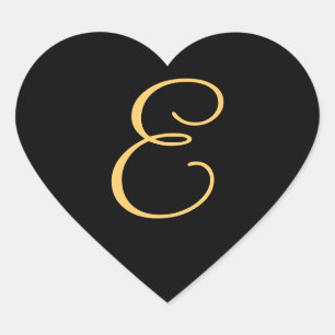 Monogram E,  gold coloured initial E on black,  Heart Sticker