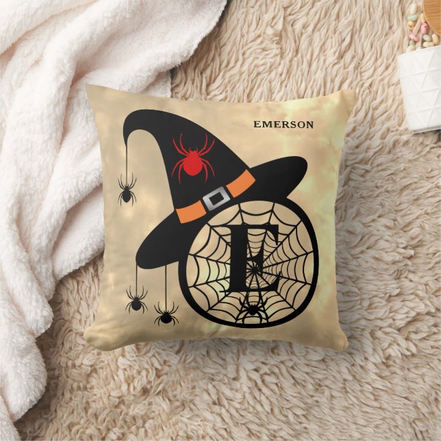 Monogram E Halloween Sky Witch Spiders Name Cushion (Blanket)