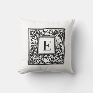 Monogram E Initial Black and White Floral Pattern Cushion