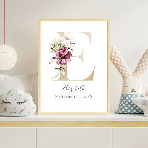Monogram E Pink White Floral Gold Letter Nursery Poster