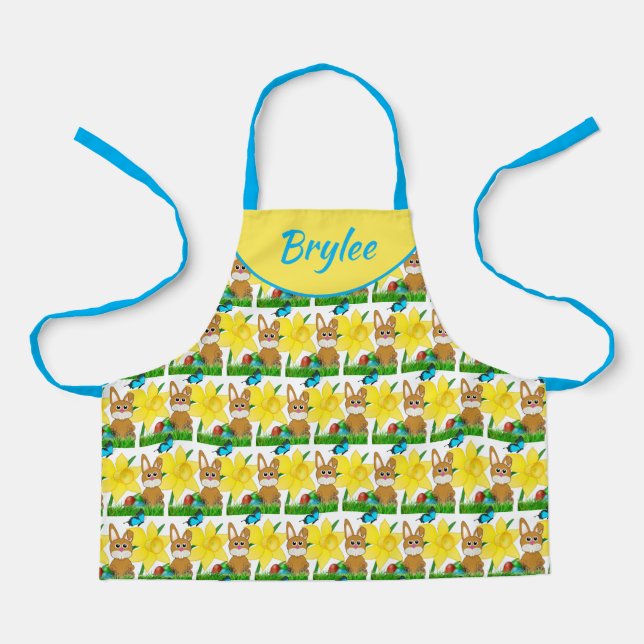 Monogram Easter Bunny and Yellow Daffodil Kids Apron (Front)
