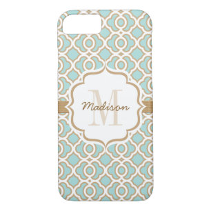 Monogram Eggshell Blue and Gold Quatrefoil Case-Mate iPhone Case