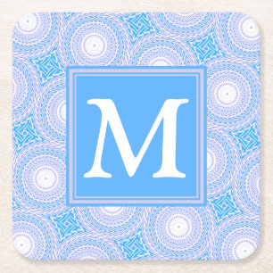 Monogram Electric blue circles pattern Square Paper Coaster