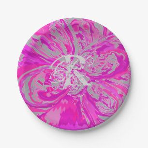 Monogram Elegant Abstract Fuchsia Pink Floral Paper Plate