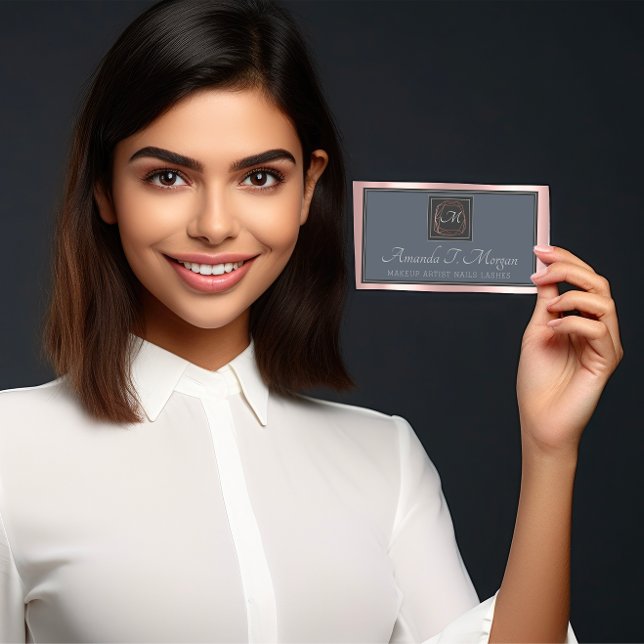 Monogram Elegant Appointment Grey Rose Dusty Blue Business Card (Monogram Elegant Appointment Gray Rose Dusty Blue Business Card)