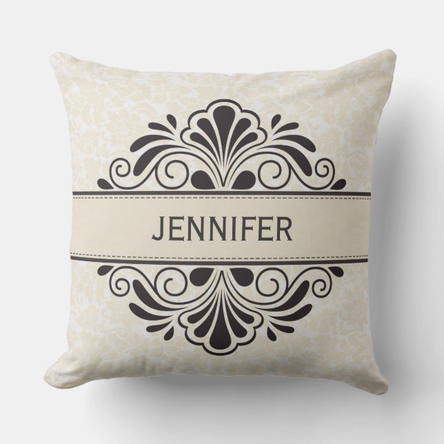 Monogram Elegant Beige Vintage Damasks Black Lace Cushion (Front)