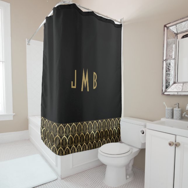 Monogram Elegant Black and Gold Art Deco Gatsby Shower Curtain (In Situ)