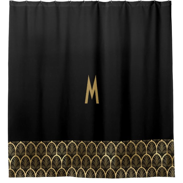 Monogram Elegant Black and Gold Art Deco Gatsby Shower Curtain (Front)