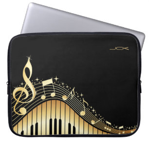 Monogram Elegant Black And Gold Music Notes Design Laptop Sleeve