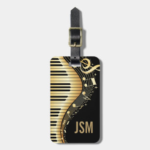 Monogram Elegant Black And Gold Music Notes Design Luggage Tag