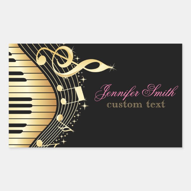 Monogram Elegant Black And Gold Music Notes Design Rectangular Sticker (Front)