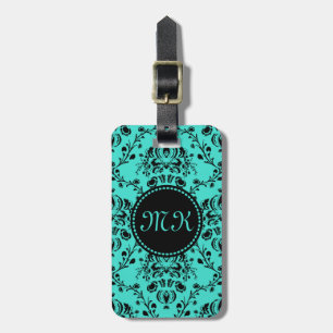 Monogram Elegant Black Damask Turquoise Feminine Luggage Tag
