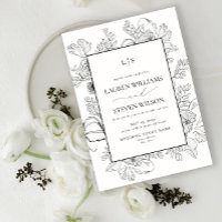 Monogram Elegant Black Floral Line Art Wedding