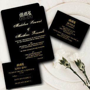 Monogram Elegant Black & Gold Detail QR code Enclosure Card