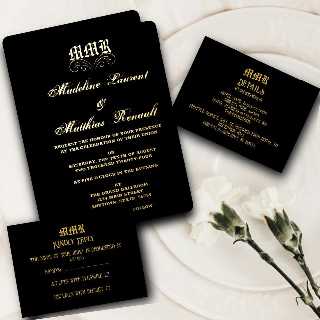 Monogram Elegant Black & Gold Detail QR code Enclosure Card (Creator Uploaded)