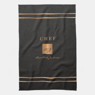 Monogram elegant black gold name script chef tea towel