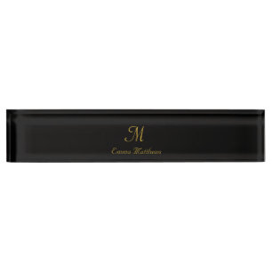 Monogram Elegant Black & Gold Script Name Nameplate
