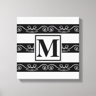 Monogram elegant Black White striped design Canvas Print