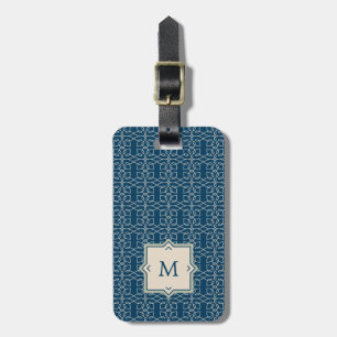 Monogram   Elegant Blush Pink Pattern on Blue Luggage Tag