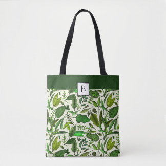 Monogram Elegant Botanical Green Leaves Pattern Tote Bag