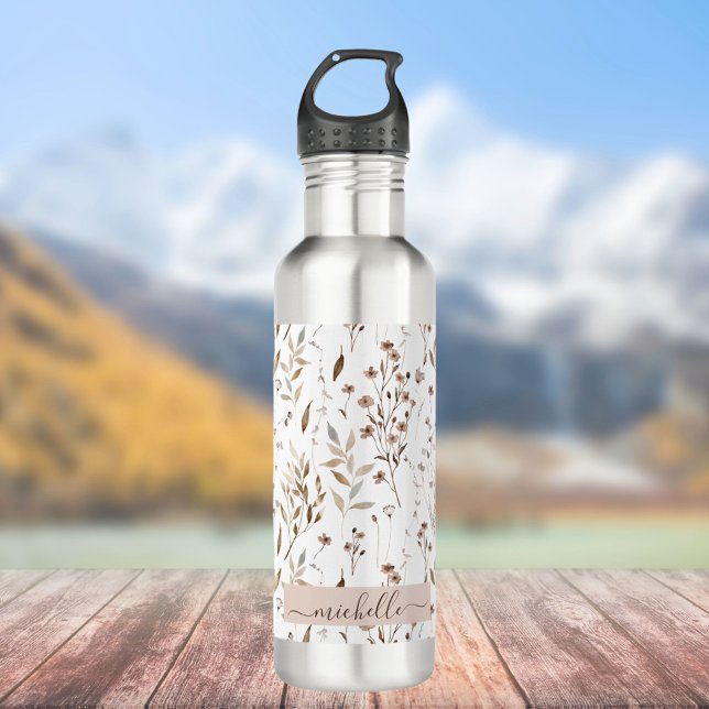 Monogram Elegant Brown Wildflowers Leaves 710 Ml Water Bottle (In situ)
