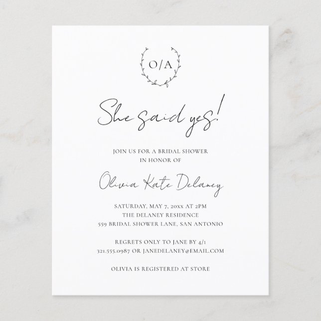 Monogram Elegant Budget Bridal Shower Invitation (Front)