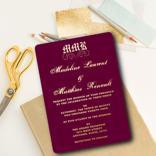 Monogram Elegant Burgundy  and Gold Wedding 