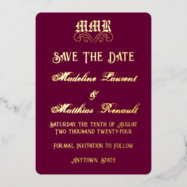 Monogram Elegant Burgundy & Gold Save the Date (Front)
