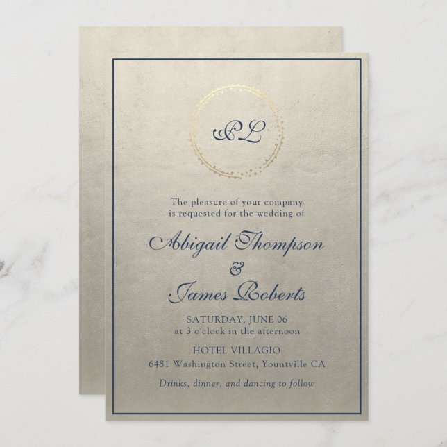 Monogram Elegant Champagne and Navy Blue Wedding Invitation (Front/Back)
