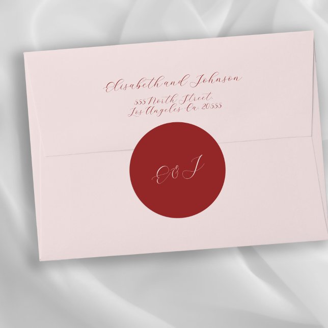 Monogram elegant chic script red wedding classic round sticker (Return address personalized envelopes can be purchased separately - please see the collection)