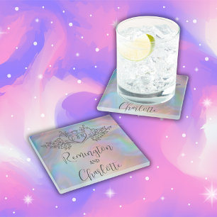 Monogram Elegant colourful Mother-of-Pearl Weddin Glass Coaster