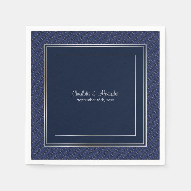 Monogram Elegant Dark Blue Silver Border Wedding Napkin (Front)