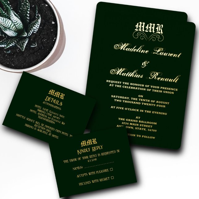 Monogram Elegant Dark Green and Gold RSVP Enclosure Card (Creator Uploaded)