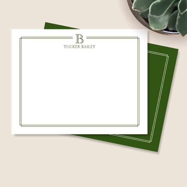 Monogram Elegant Dark Green Border Stationery Card (Creator Uploaded)