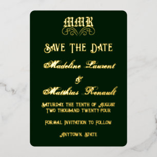 Monogram Elegant Dark Green & Gold Save the Date