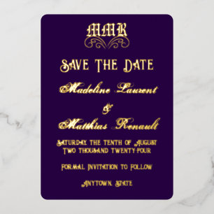 Monogram Elegant Dark Purple & Gold Save the Date