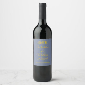 Monogram Elegant Dusty Blue and Gold Wedding  Wine Label