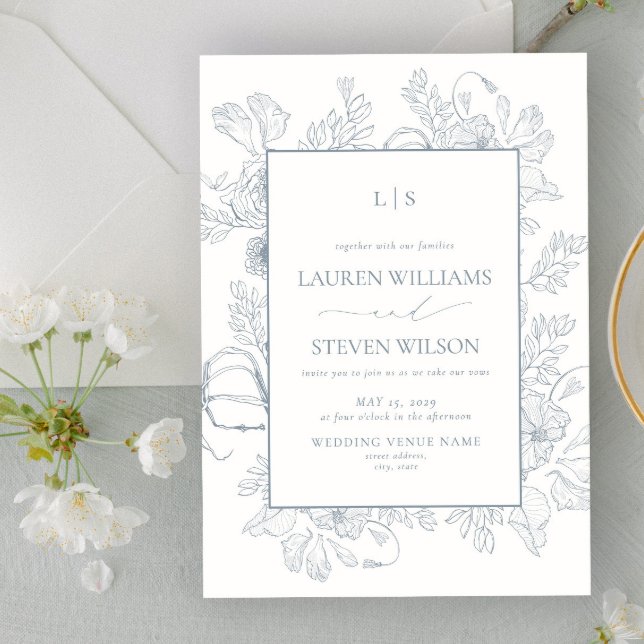 Monogram Elegant Dusty Blue Floral Line Wedding Invitation (Creator Uploaded)