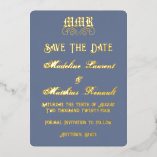 Monogram Elegant Dusty Blue & Gold Save the Date