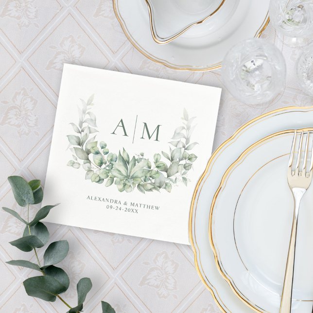 Monogram Elegant Eucalyptus Watercolor Wedding Napkin (Creator Uploaded)