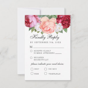 Monogram Elegant Floral Pink Burgundy Meal Choice RSVP Card
