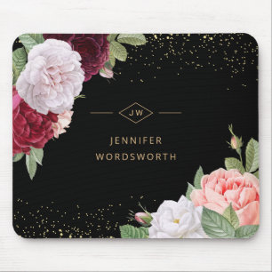 Monogram Elegant Floral Rose Pink Burgundy Black Mouse Pad