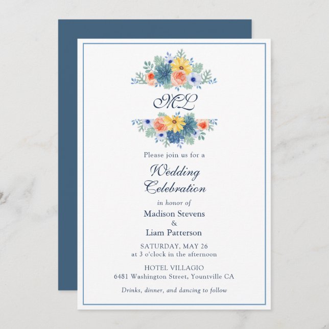 Monogram Elegant Floral Succulent Macaron Wedding Invitation (Front/Back)